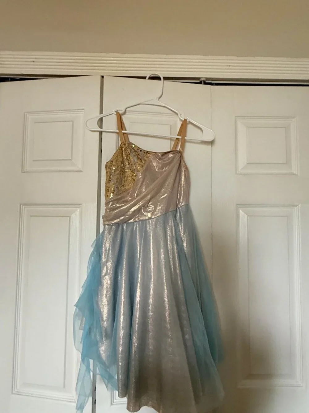 gold, champagne, and sky blue asymmetrical lyrical dance costume